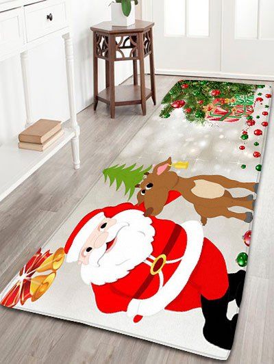 

Christmas Deer Santa Claus Print Skidproof Flannel Bath Rug, Light gray