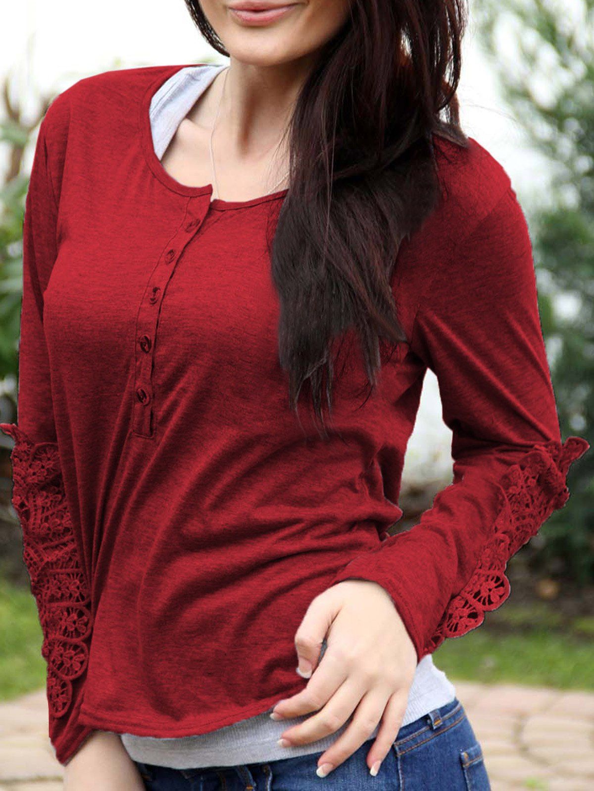 

Casual Scoop Neck Lace Splicing Long Sleeve T-Shirt For Women, Wine red