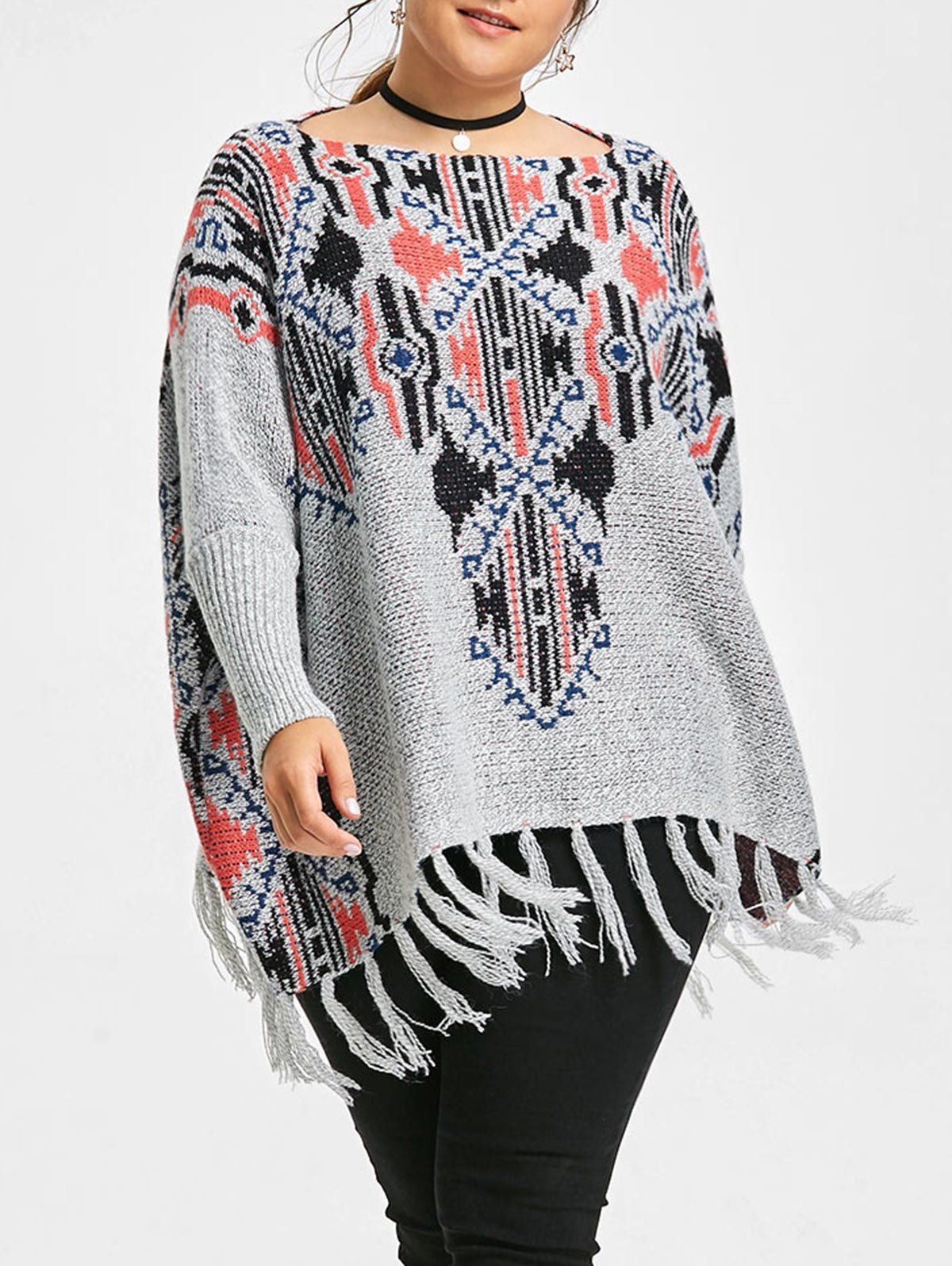 

Knit Geometric Print Plus Size Fringe Sweater, Gray
