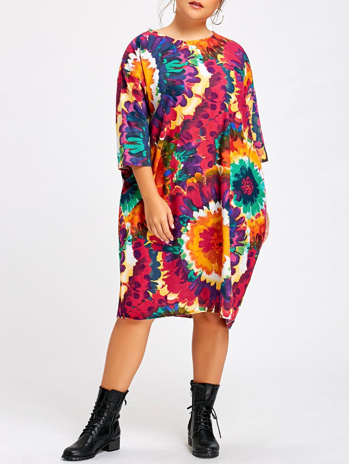 

Plus Size Tie Dye Rainbow Tunic Dress with Sleeves, Multicolor