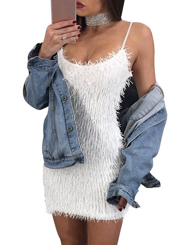 spaghetti strap fuzzy mini dress