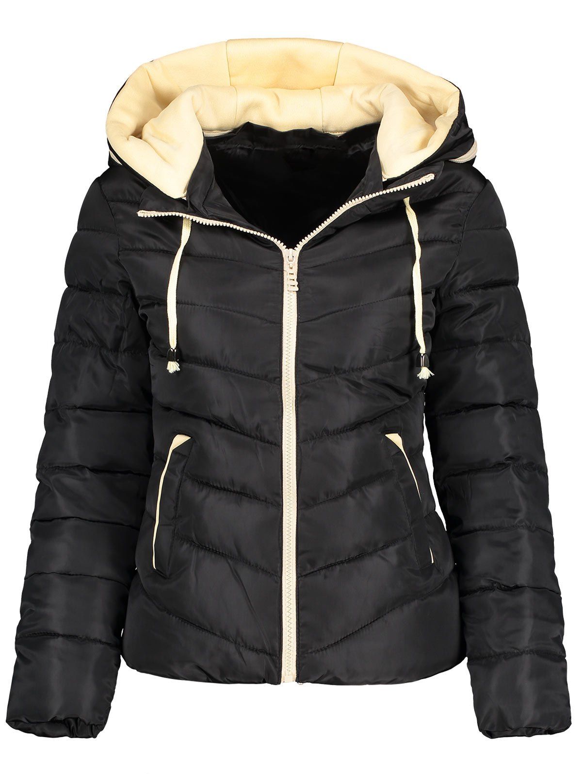 

Hooded Drawstring Padded Quilted Jacket, Black