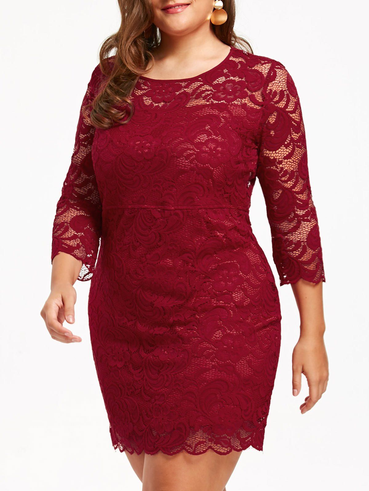 

Plus Size Lace Mini Tight Dress, Wine red