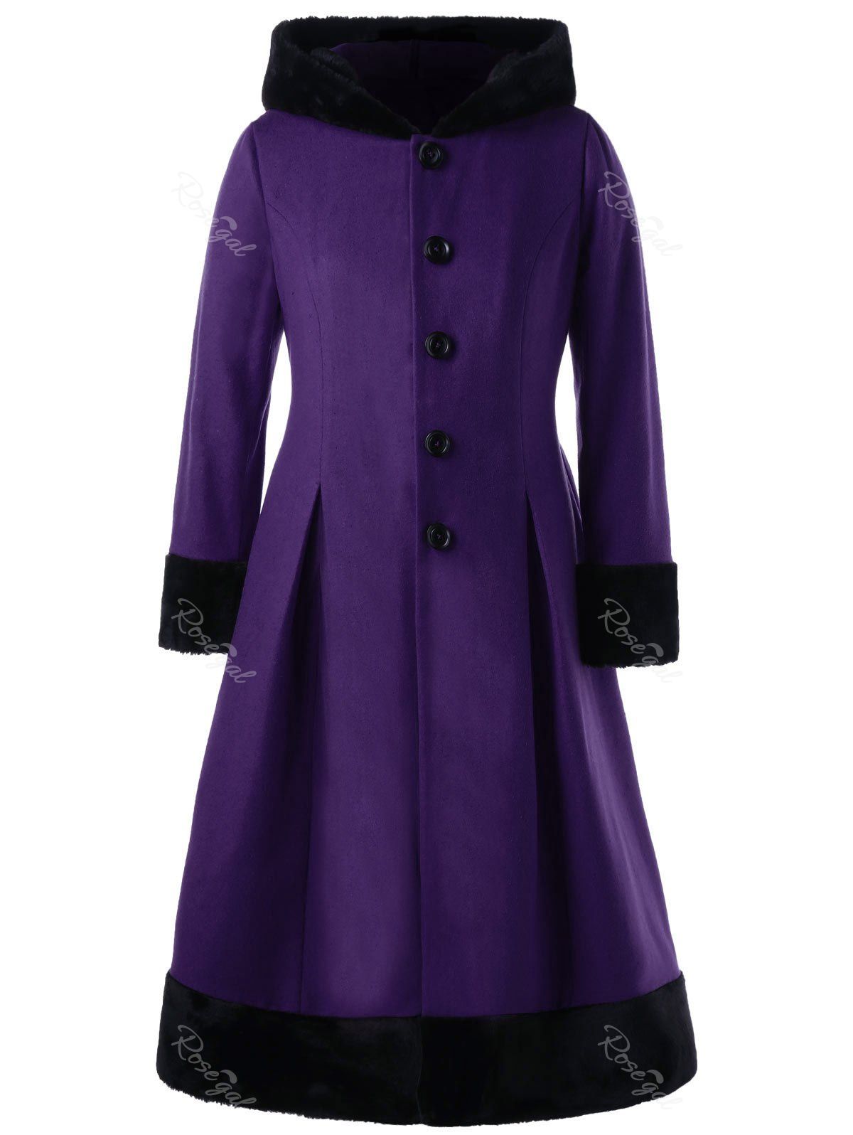 

Plus Size Faux Fur Hooded Button Up Dress Coat, Purple