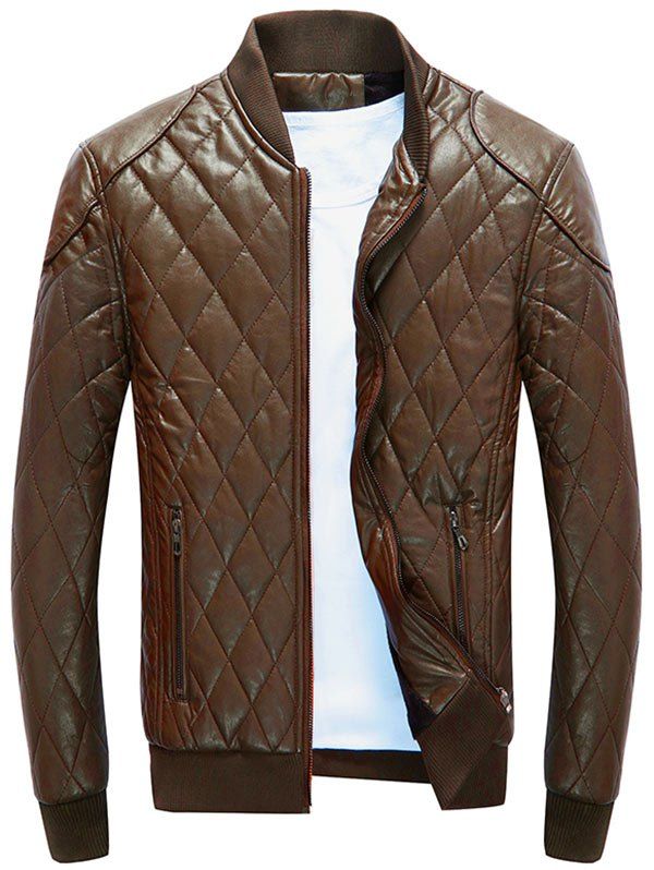

Casual Diamond Faux Leather Bomber Jacket, Brown
