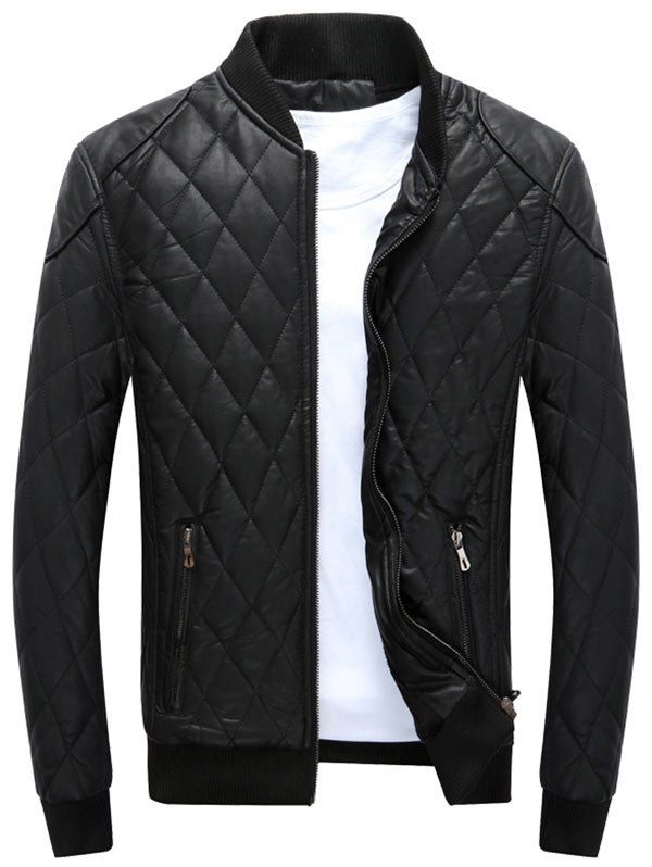 [58% OFF] Casual Diamond Faux Leather Bomber Jacket | Rosegal