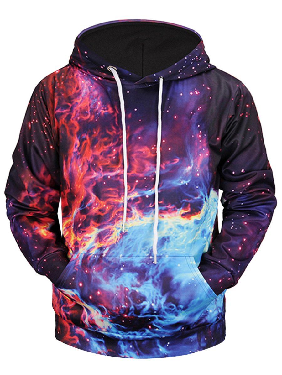 

Kangaroo Pocket Colorful Flame Printed Hoodie, Colormix