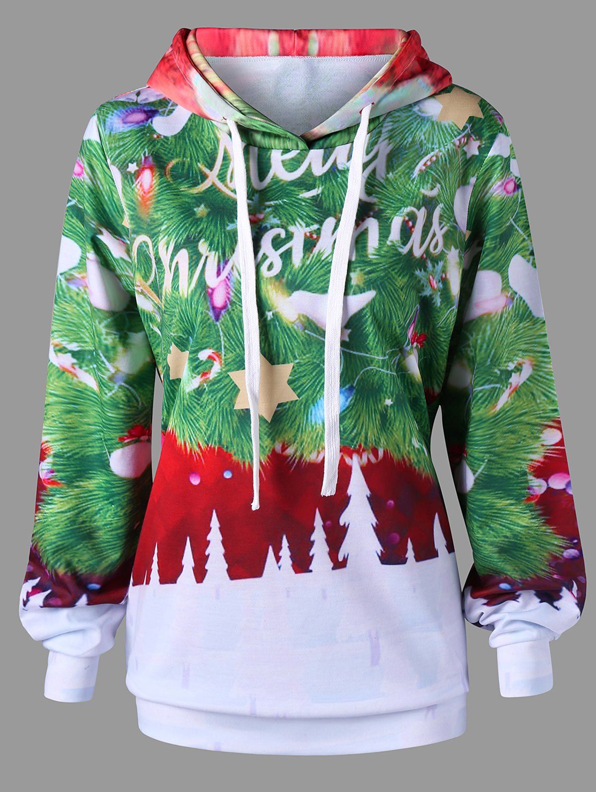 

Christmas Tree Print Drawstring Hoodie, Colormix