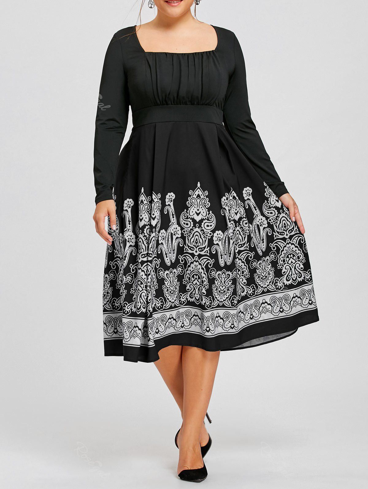

Plus Size Long Sleeve Paisley Print Midi Dress, Black