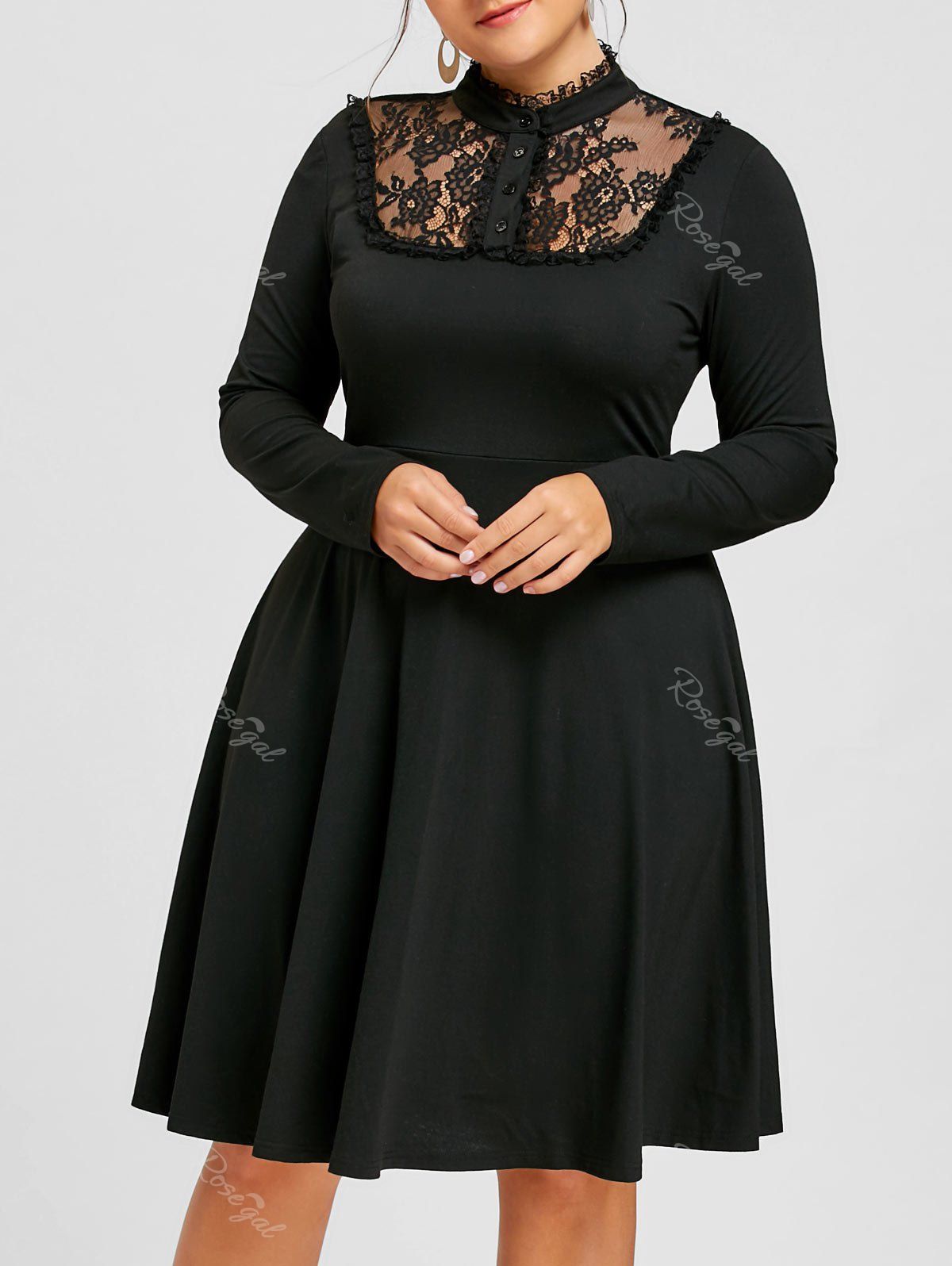 2018 Plus Size Lace Panel Fit And Flare Dress In Black 5xl | Rosegal.com