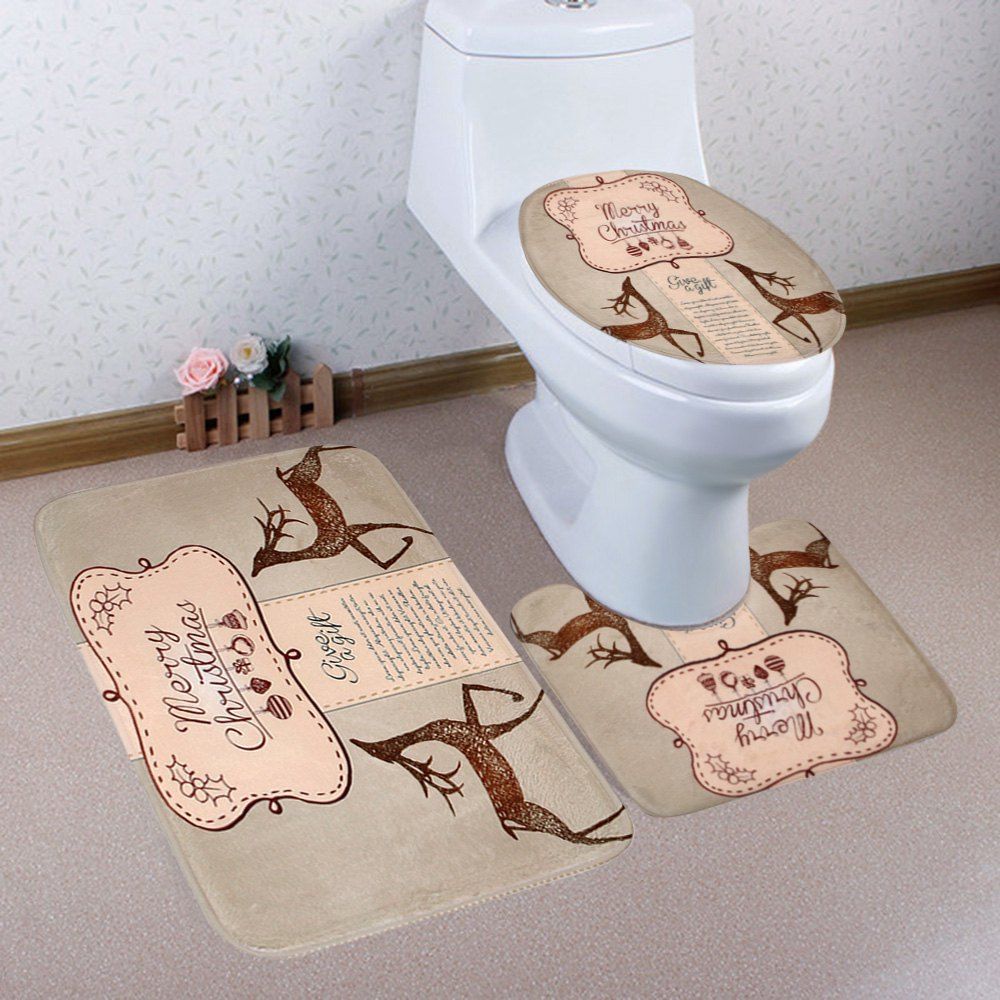 

3Pcs Christmas Elk Letter Print Coral Fleece Bath Toilet Rugs Set, Apricot