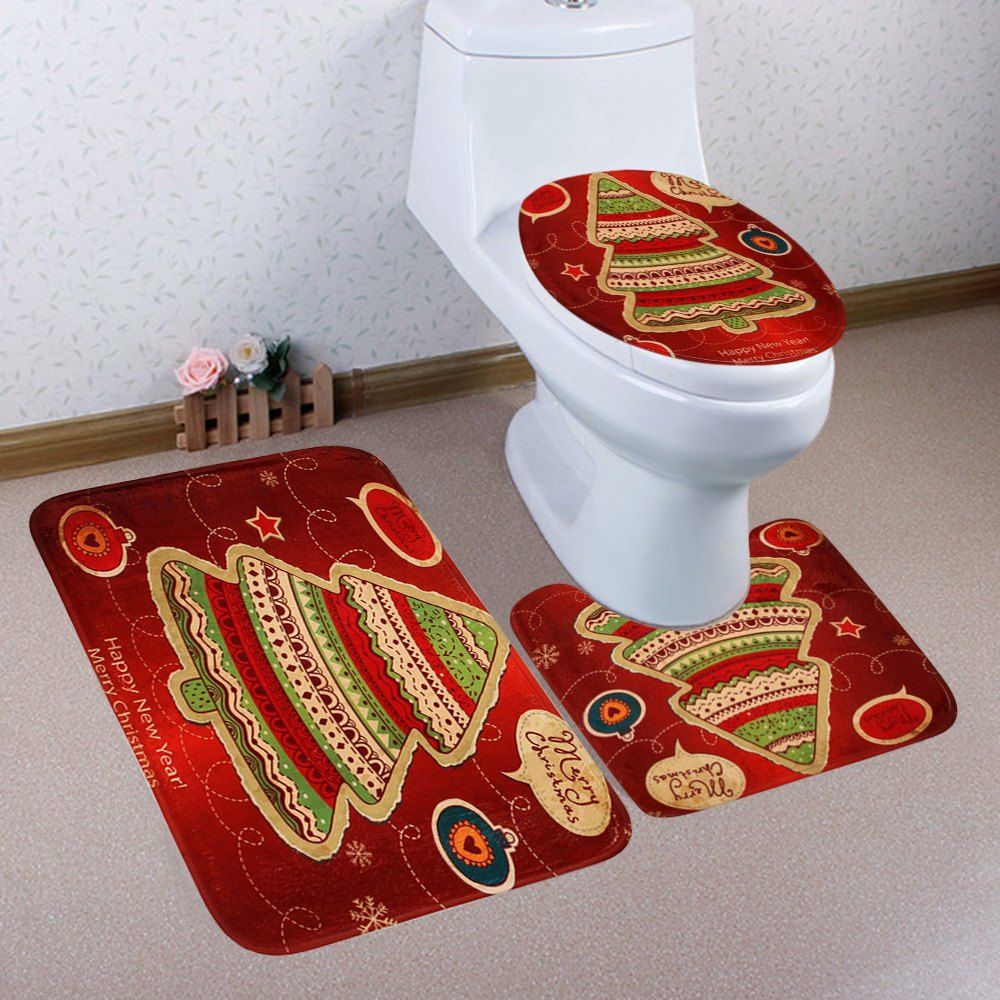 

3Pcs Christmas Tree Printed Coral Fleece Bath Toilet Rugs Set, Red