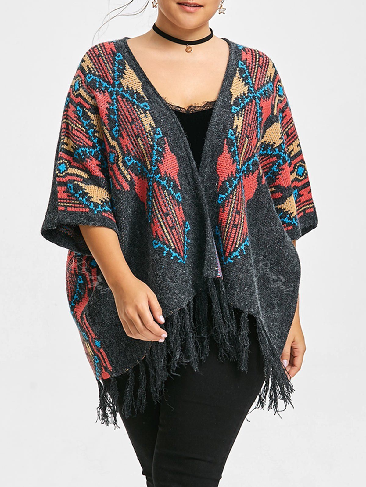 

Fringe Plus Size Cape Sweater Cardigan, Dark gray