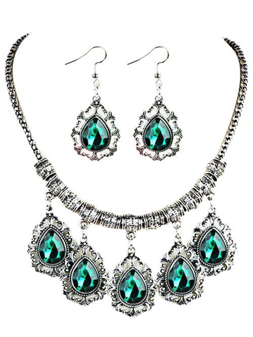 

Vintage Water Drop Shape Artifical Gem Necklace Earrings Set, Green