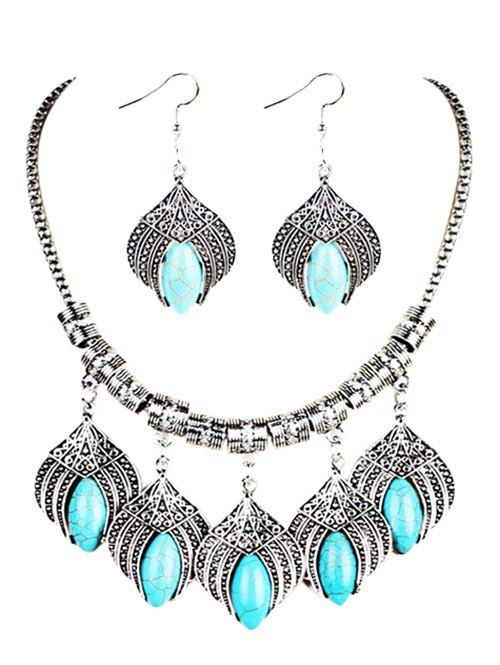 

Vintage Boho Style Artificial Turquoise Embellished Necklace Earrings Set, Silver