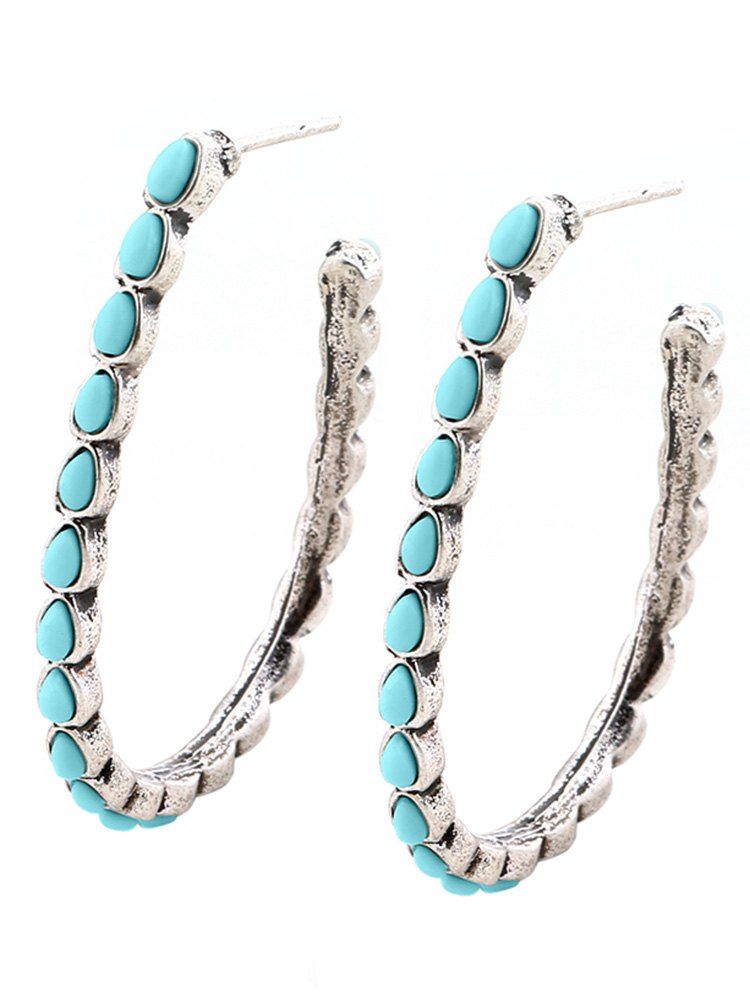 

Faux Turquoise Teardrop Vintage Hoop Earrings, Silver