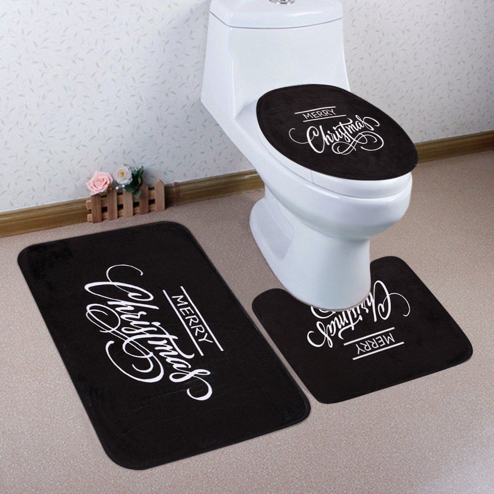 

Christmas Letter Print Coral Fleece 3Pcs Bath Toilet Mats Set, Black