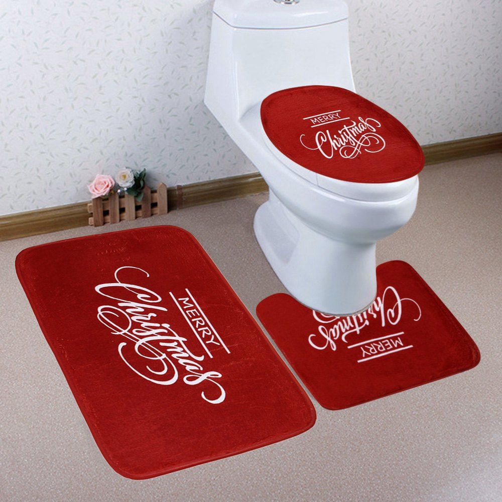 

Christmas Letter Print Coral Fleece 3Pcs Bath Toilet Mats Set, Red