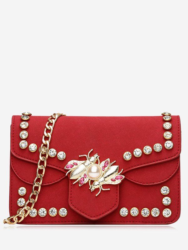 

Insect Faux Pearl Rhinestone Crossbody Bag, Red
