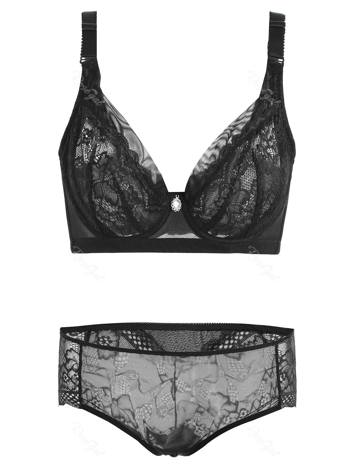 

Plus Size Unlined Underwire Floral Lace Bra Set, Black