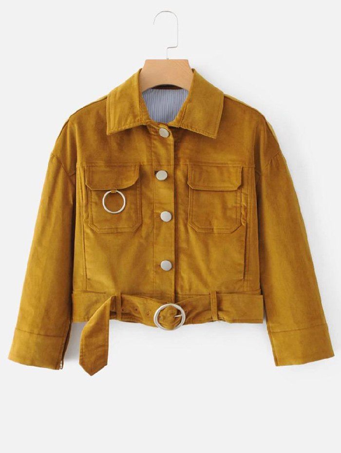 

Front Pockets Button Design Shirt Jacket, Yellow