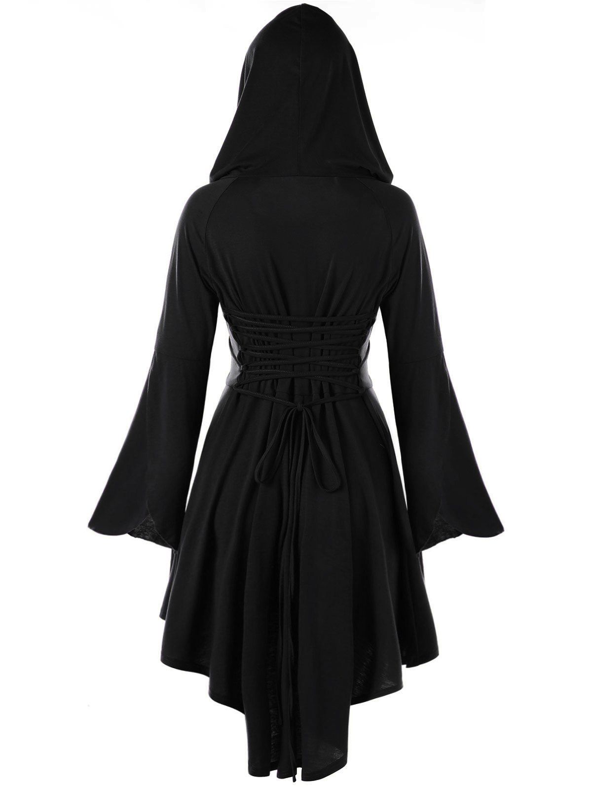 

High Low Flare Sleeve Hooded Lace-up Dress, Black