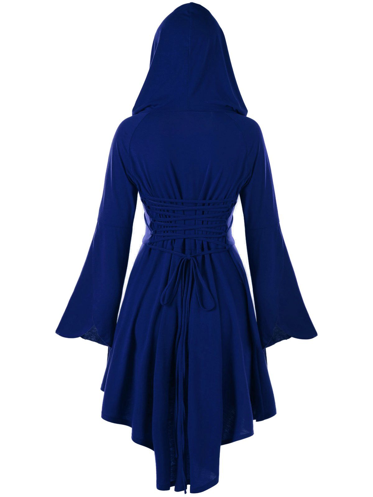 

High Low Flare Sleeve Hooded Lace-up Dress, Blue