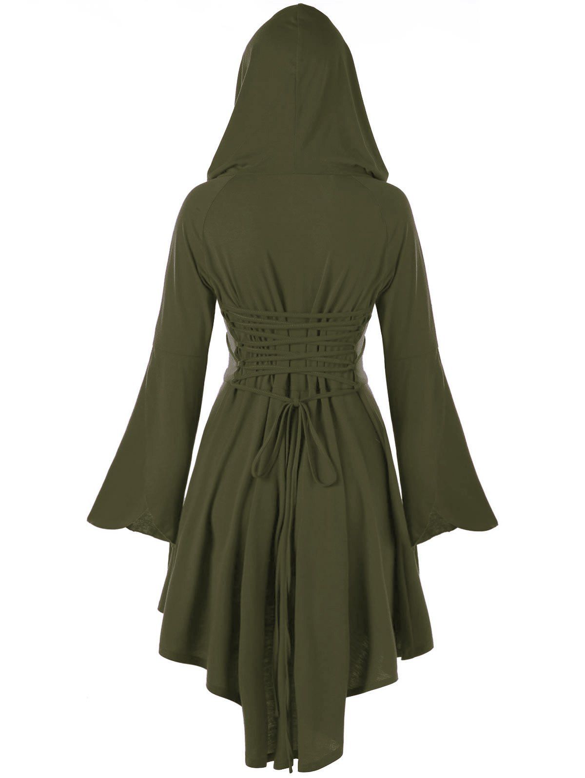 

High Low Flare Sleeve Hooded Lace-up Dress, Army green
