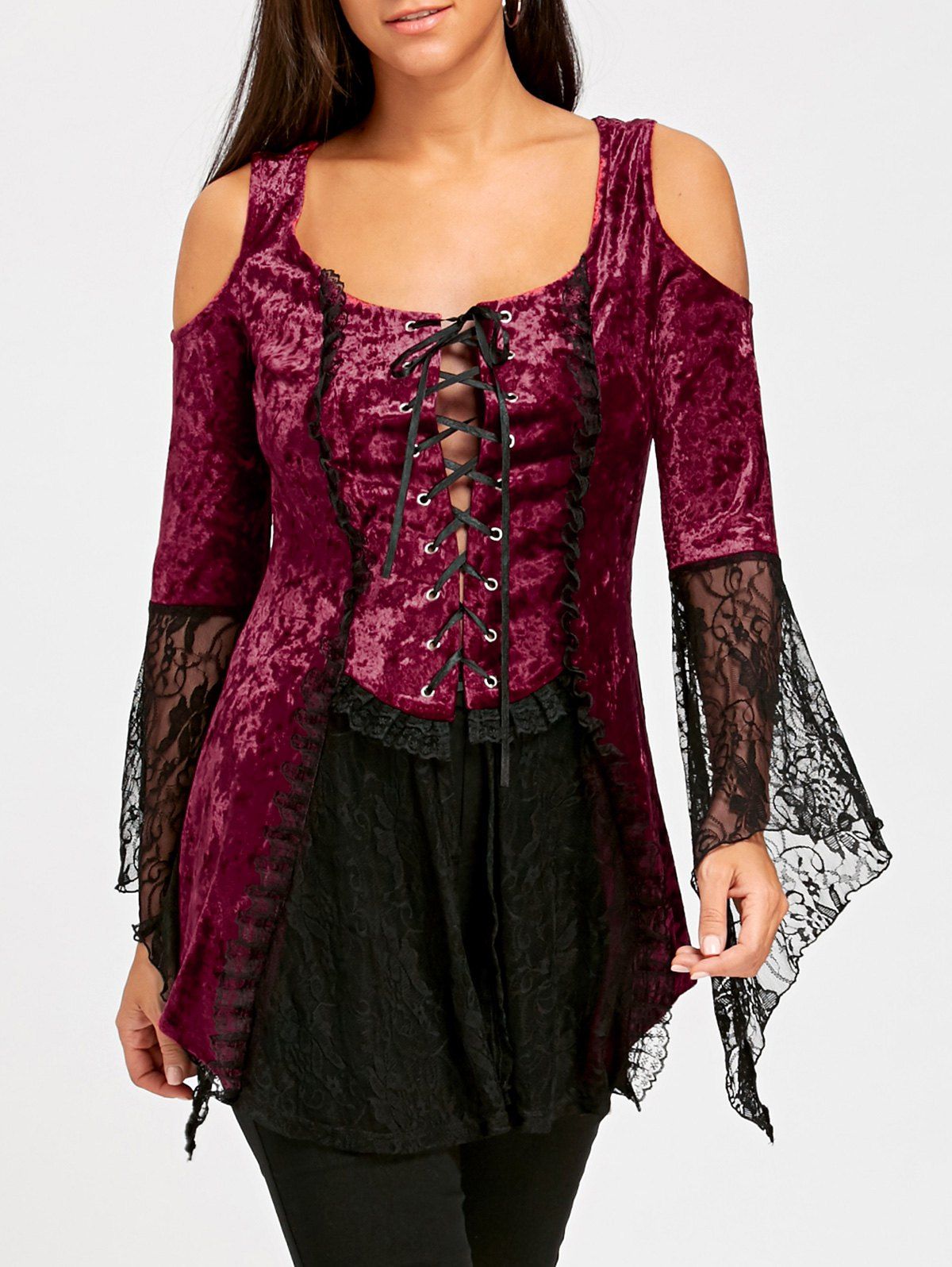 

Flare Sleeve Lace Up Velvet Gothic Top, Wine red