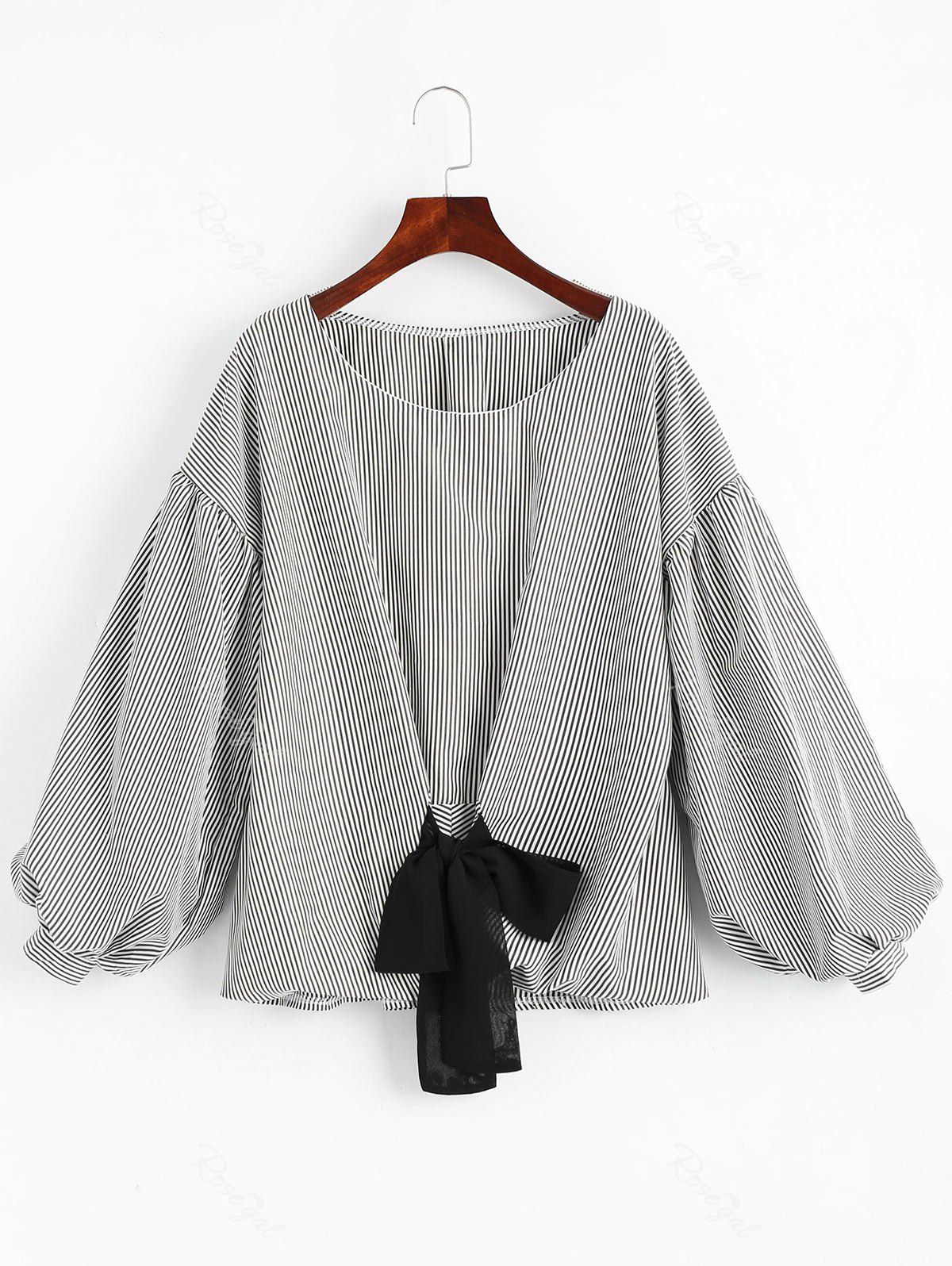 

Plus Size Puff Sleeve Striped Bowknot Blouse, Stripe