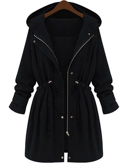 

Plus Size Hooded Zip Drawstring Waist Coat, Black