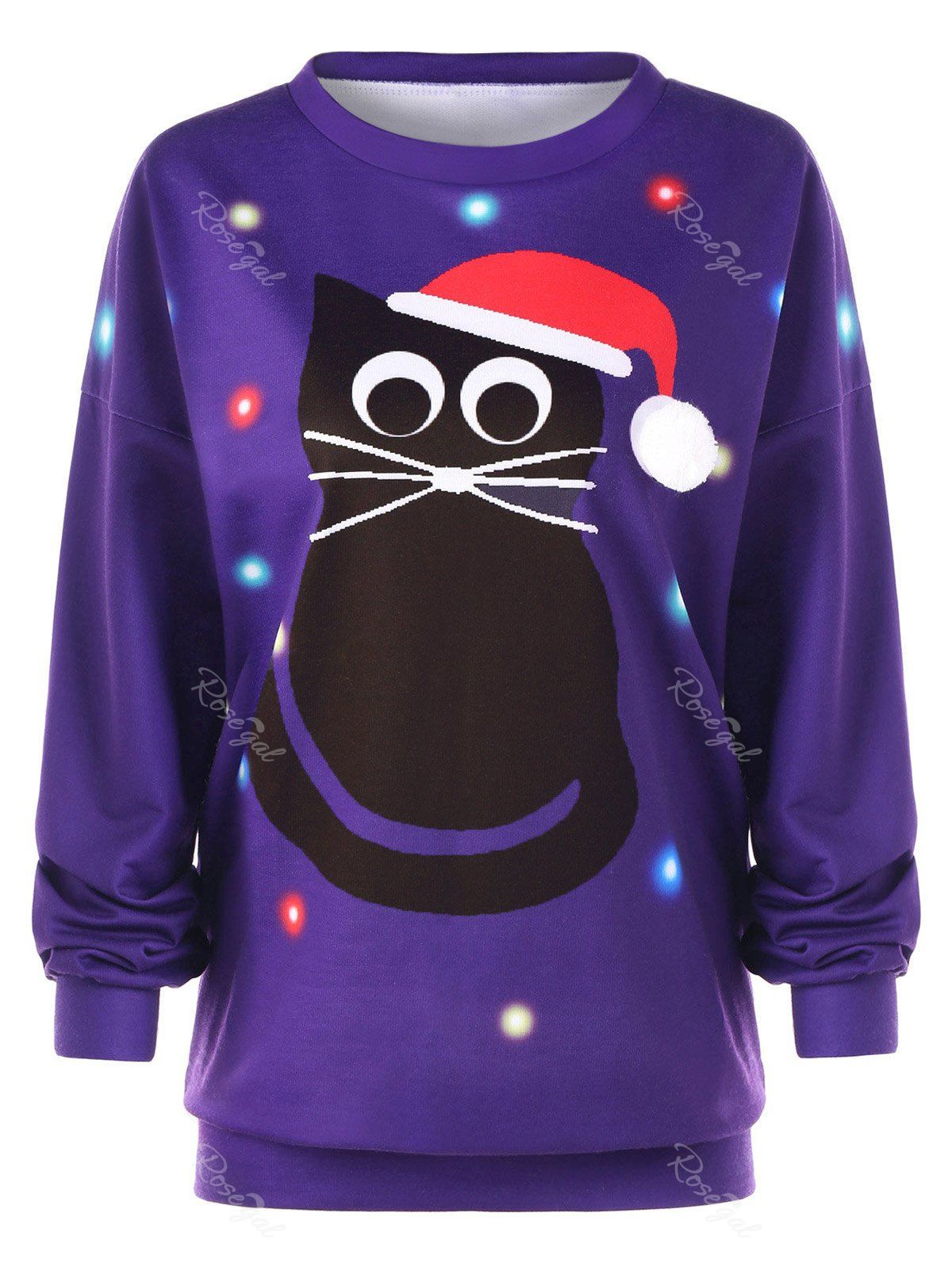 

Plus Size Pullover Cat Print Drop Shoulder Christmas Sweatshirt, Purple