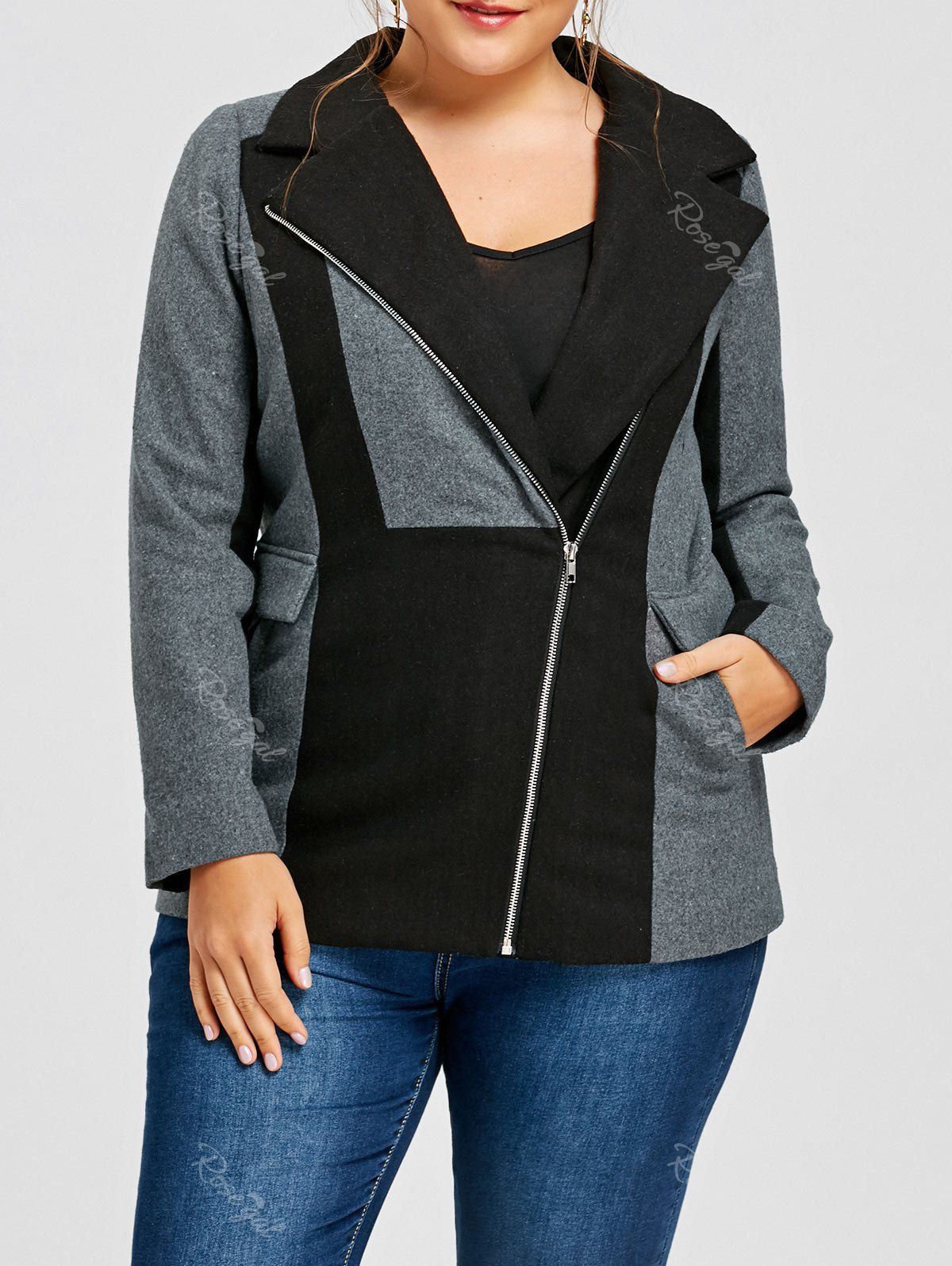 

Plus Size Lapel Collar Zippered Color Block Jacket, Gray
