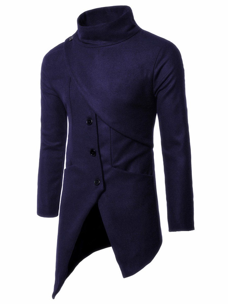 

Button Up High Neck Asymmetrical Wool Blend Coat, Purplish blue