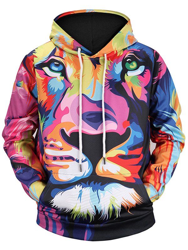 

Kangaroo Pocket Colormix Lion Print Hoodie