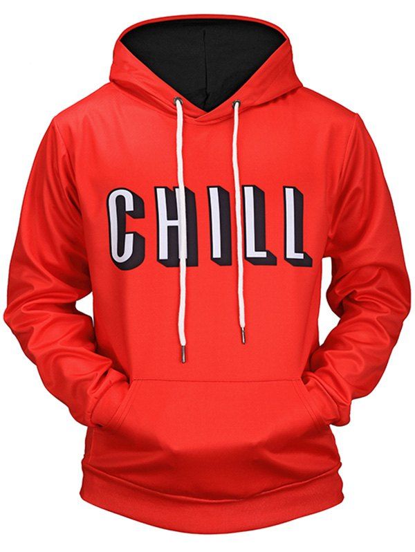 

Chill Print Kangaroo Pocket Pullover Hoodie, Red