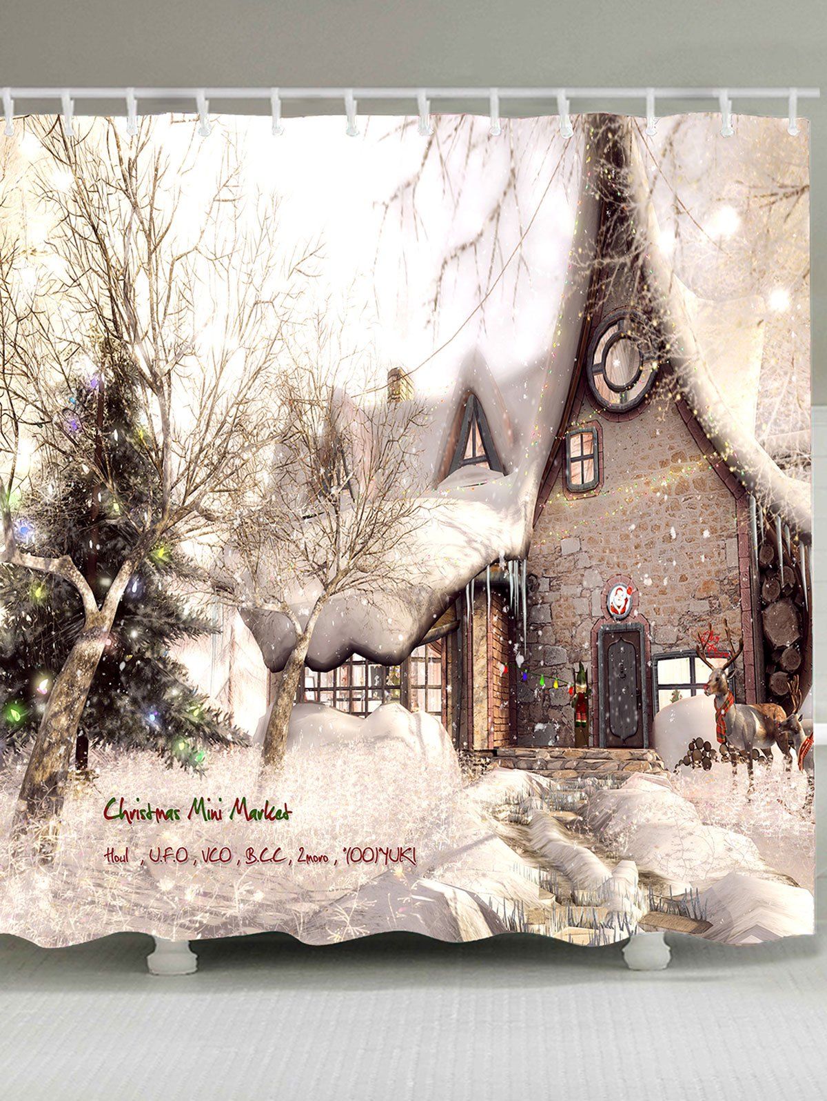

Christmas Snowy House Pattern Shower Bath Curtain, Light beige