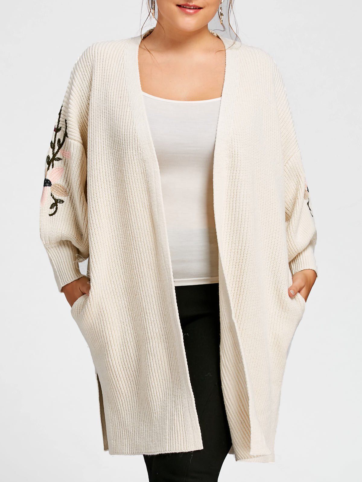 [28 OFF] Plus Size Lantern Sleeve Embroidered Long Sweater Coat Rosegal