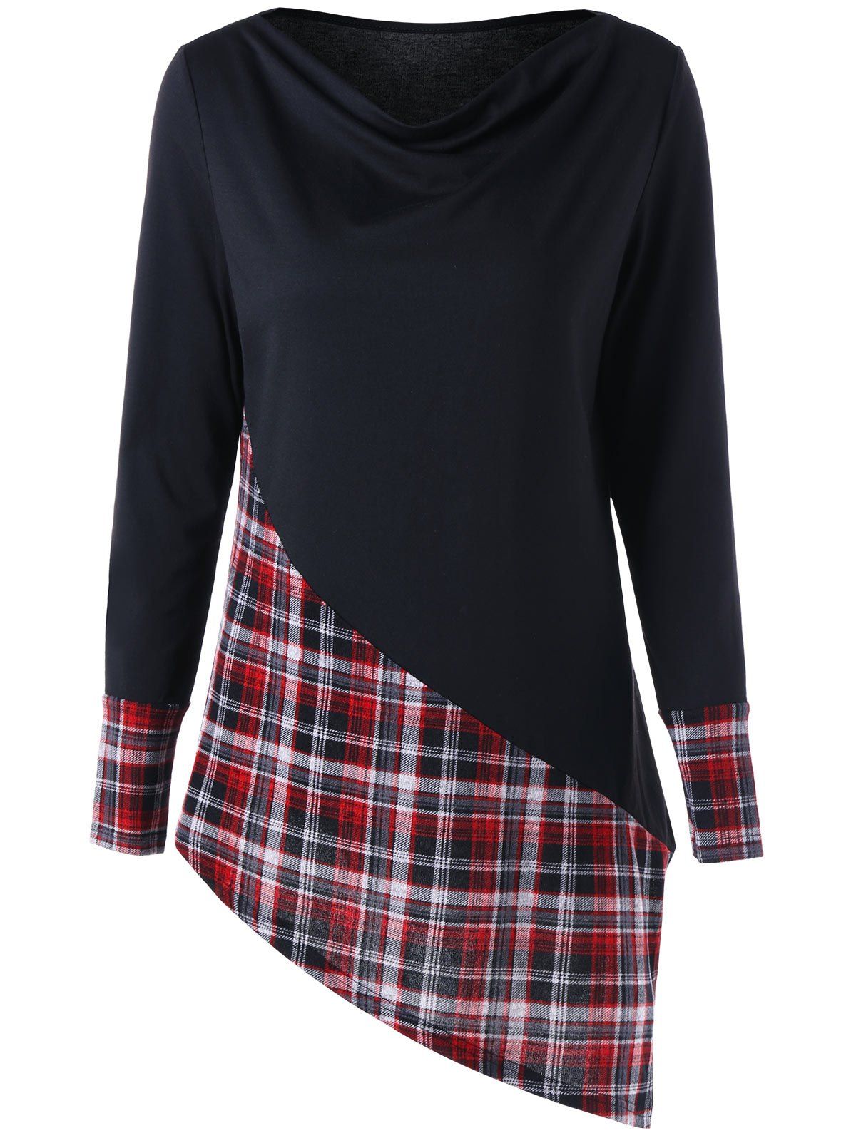 

Long Sleeve Plaid Panel Asymmetric Top, Black&red