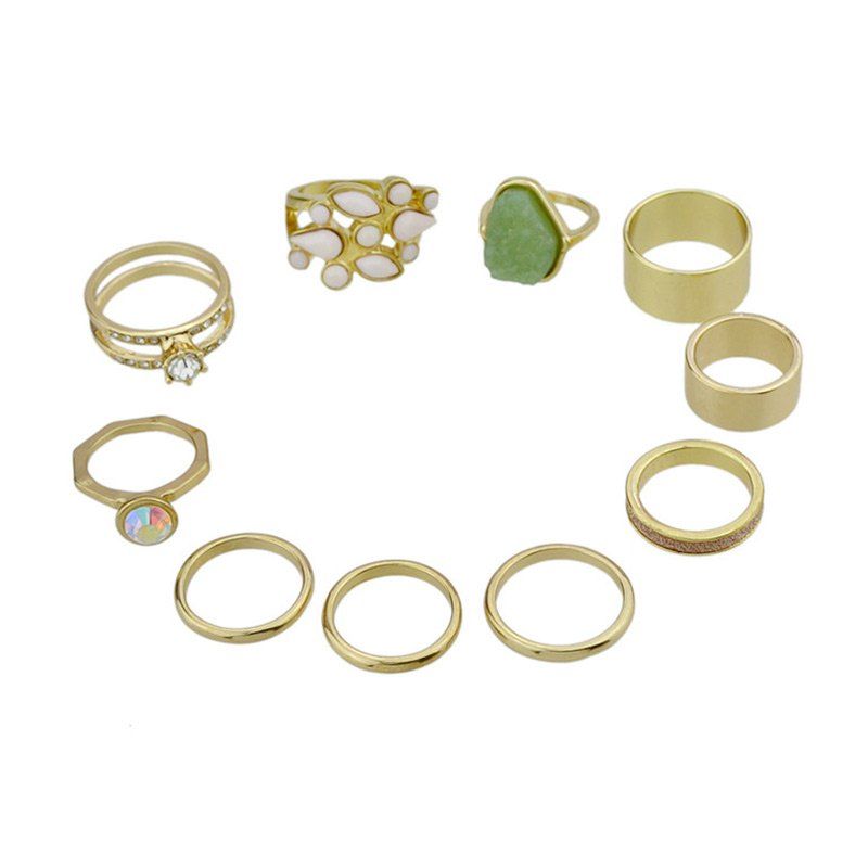 

Vintage Faux Jade Rhinestoned Finger Ring Set, Golden
