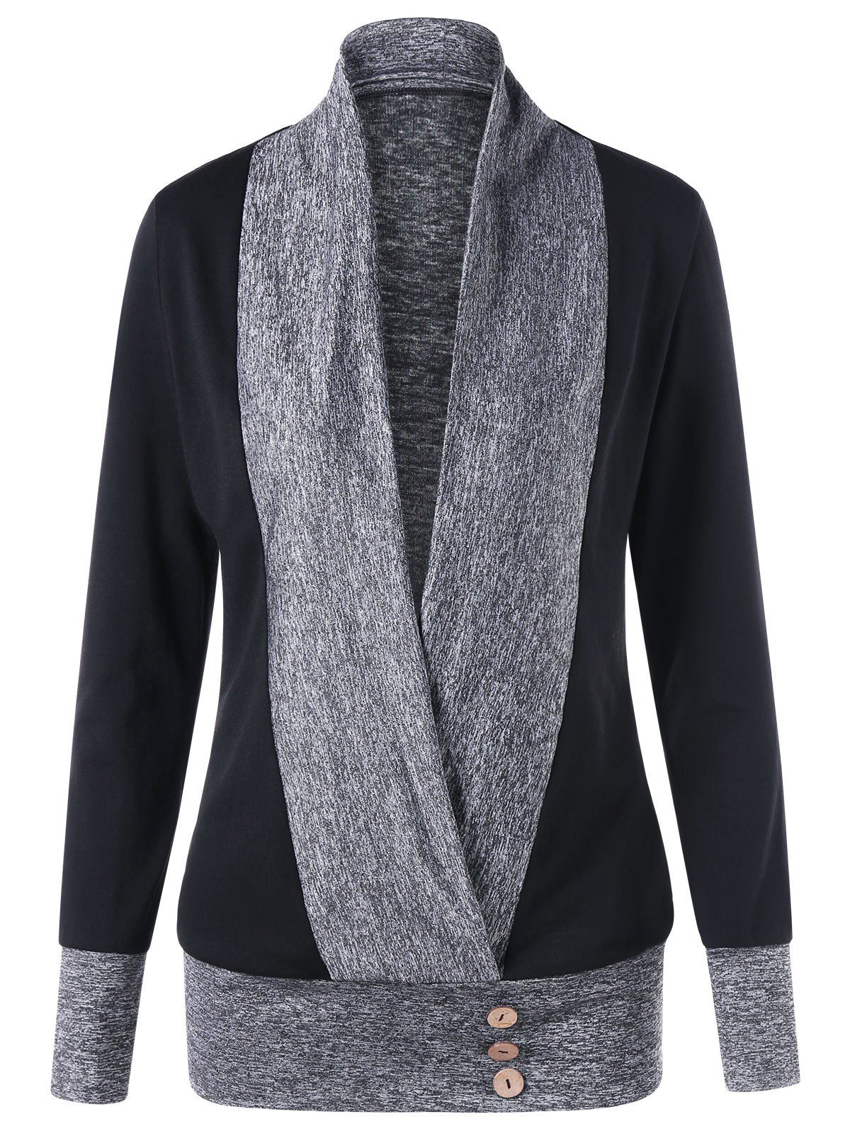 

Button Decorated Marled Plunging Top, Black