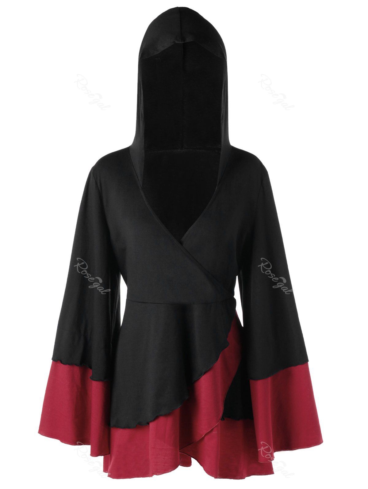 

Plus Size Overlap Two Tone Hooded Top, Red with black