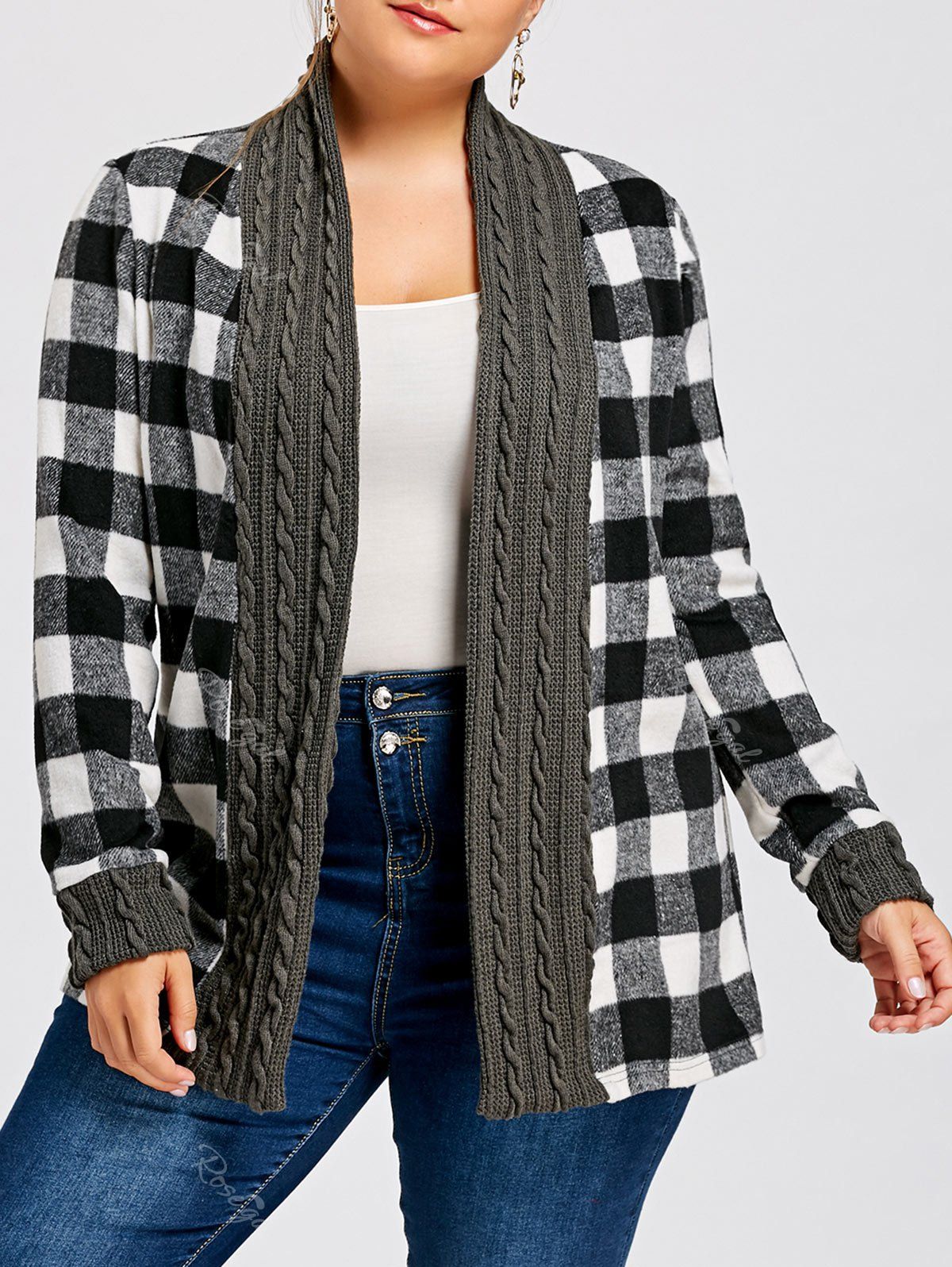 

Plus Size Plaid Long Sleeve Shawl Collar Cardigan, Checked
