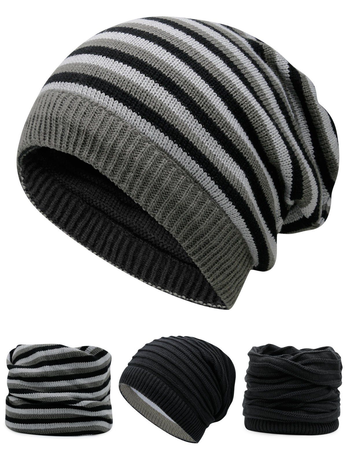 

Outdoor Reversible Crochet Knitted Open Top Beanie, Black