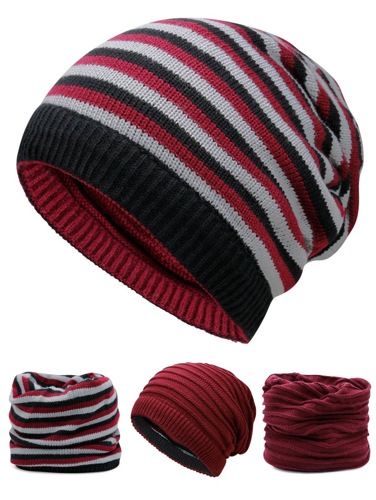 

Outdoor Reversible Crochet Knitted Open Top Beanie, Wine red