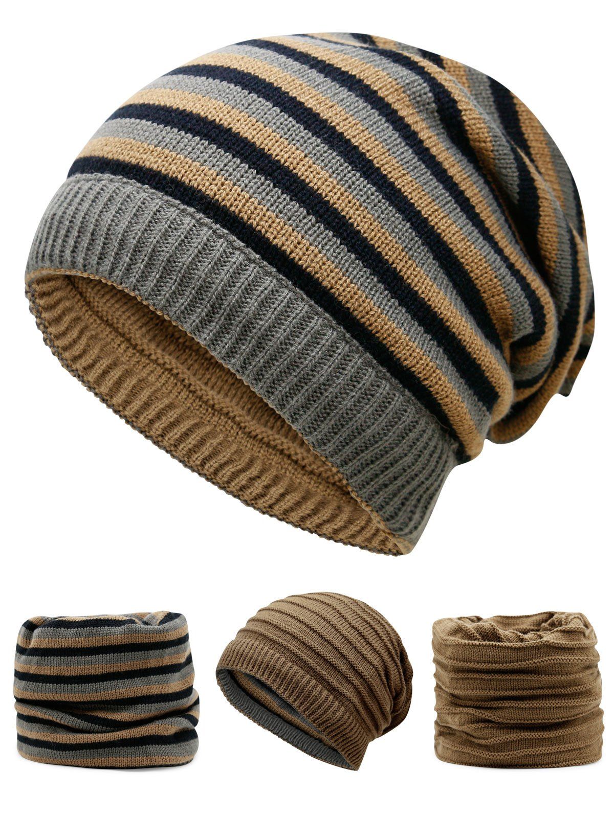 

Outdoor Reversible Crochet Knitted Open Top Beanie, Khaki