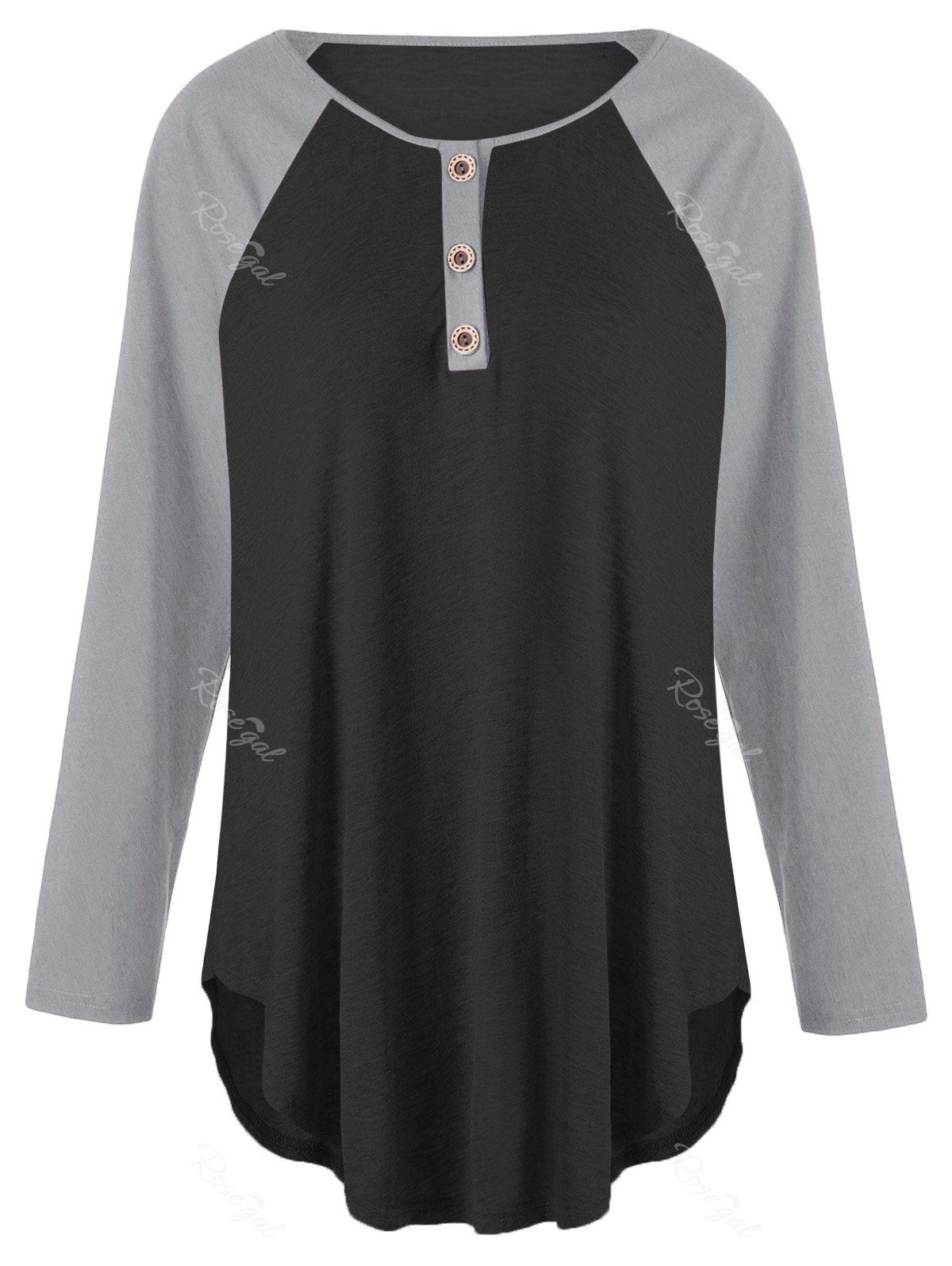 

Plus Size Two Tone Raglan Sleeve Top with Buttons, Black and grey