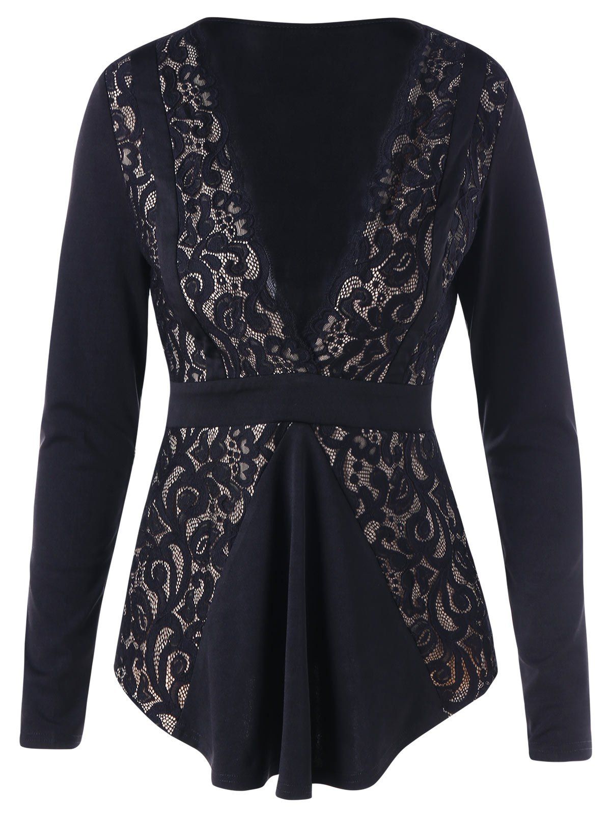 

Lace Panel Long Sleeve Plunging High Waist Blouse, Black