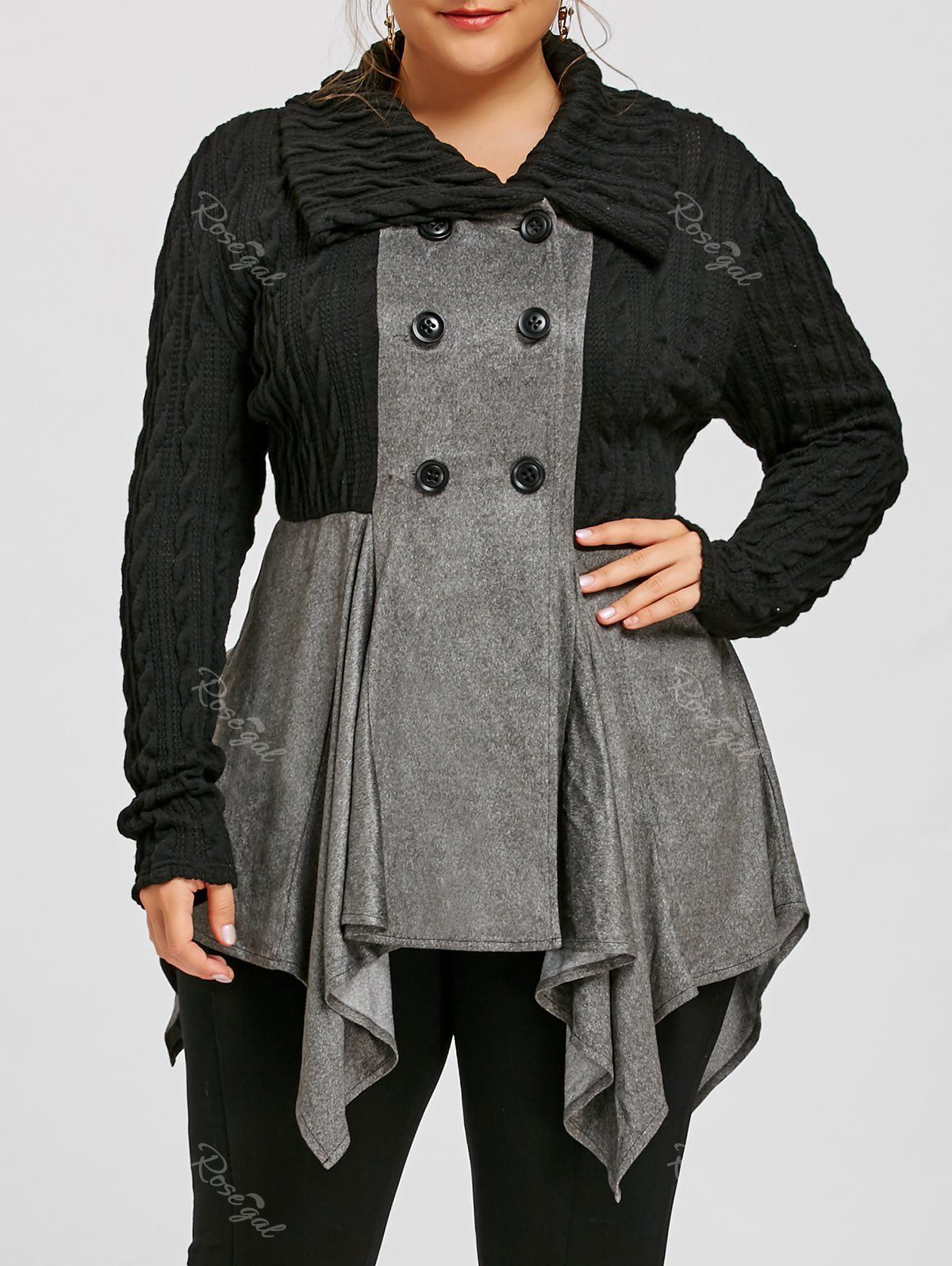 

Plus Size Double Breasted Cable Knit Coat, Gray