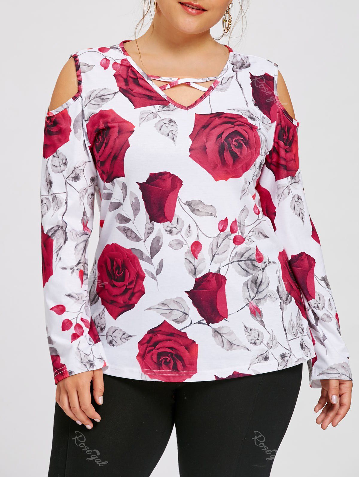 Outfit Plus Size Rose Pattern Cold Shoulder Top  